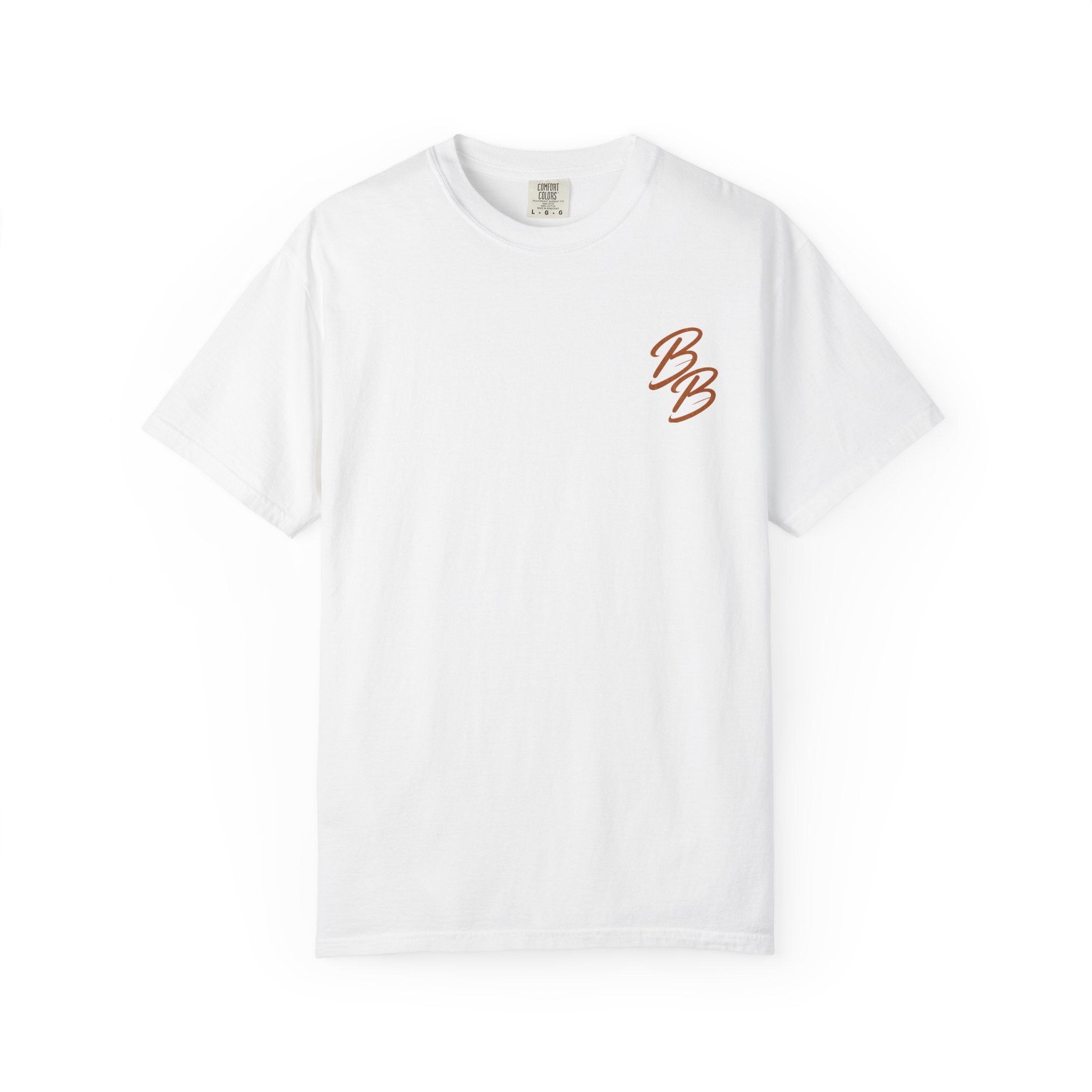 White T-shirt with orange script logo on left chest
