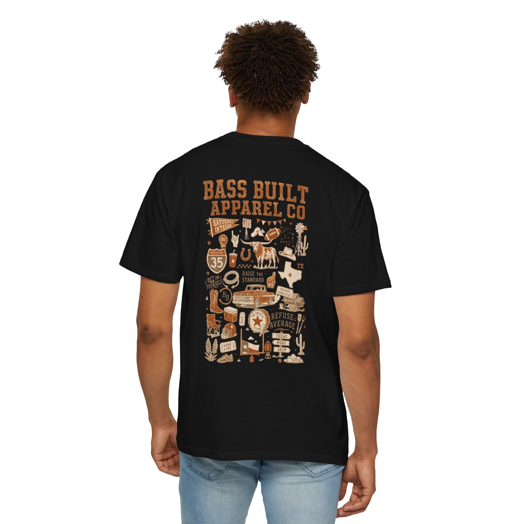Black T-shirt with large multicolor illustrated back graphic print, worn