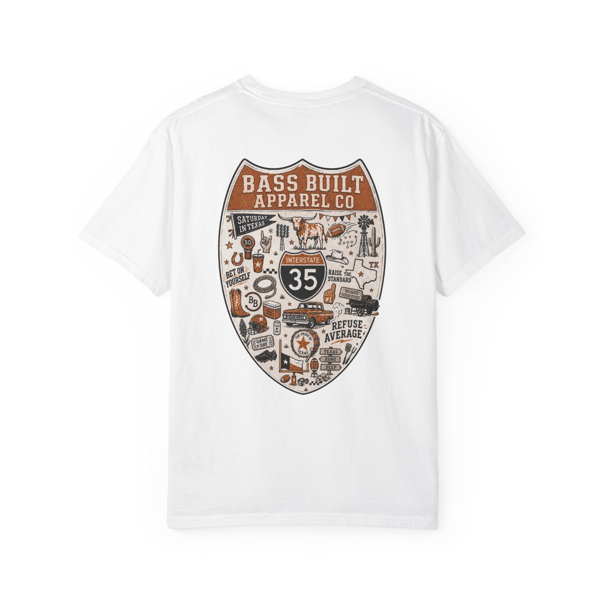 White crew neck T-shirt with large back shield graphic print