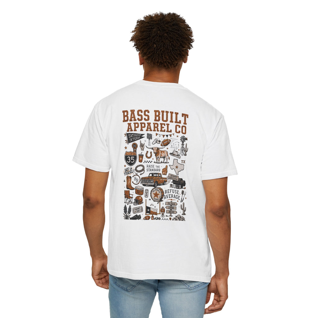 White T-shirt with large multicolor illustrated back graphic print, worn