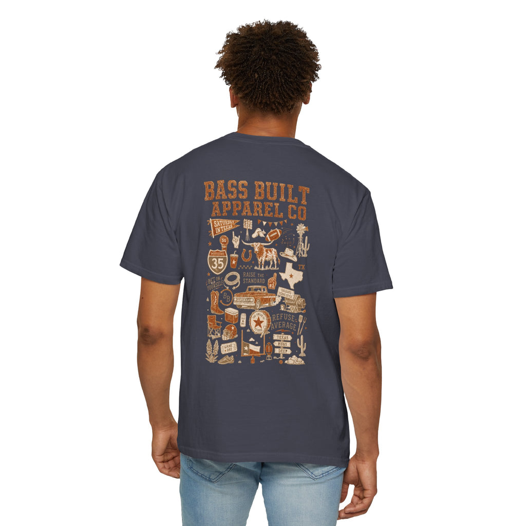 Charcoal blue T-shirt with large multicolor illustrated back graphic print, worn