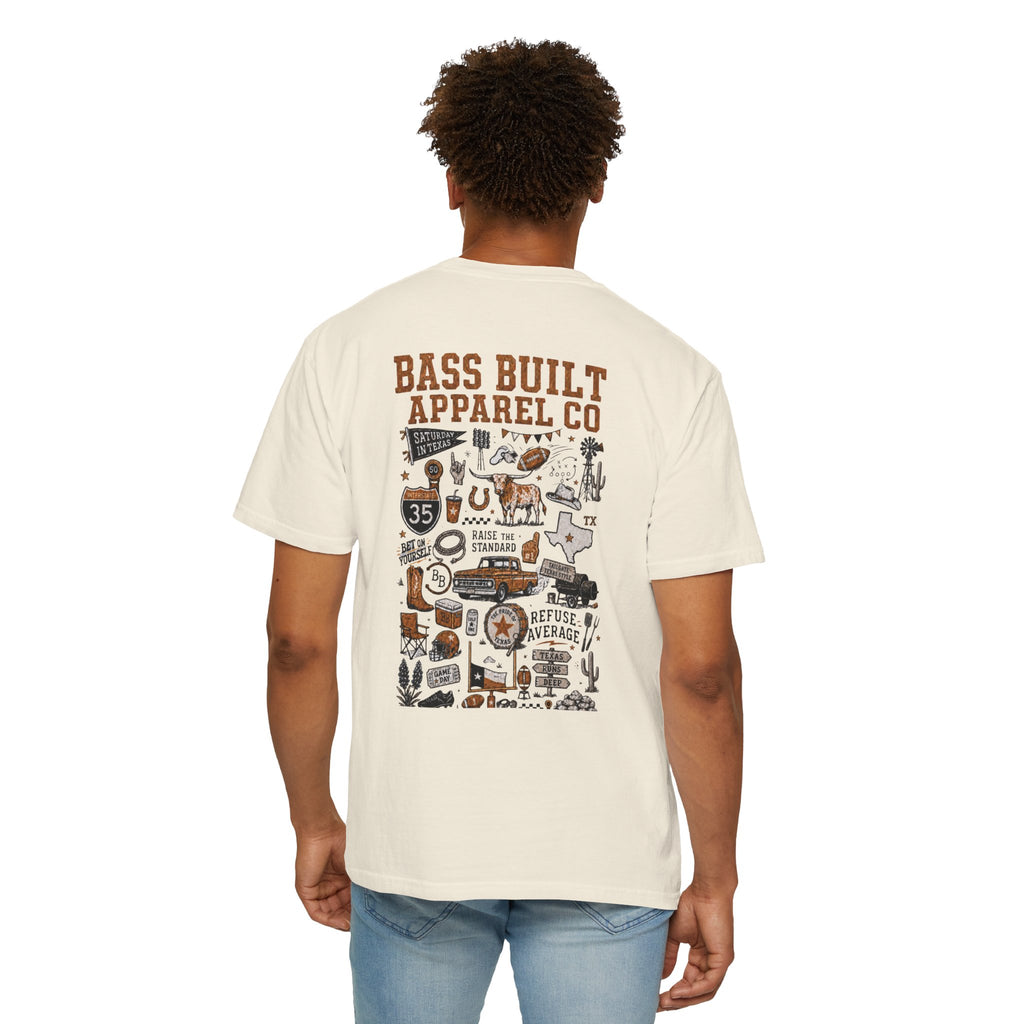 Cream T-shirt with large multicolor illustrated back graphic print, worn