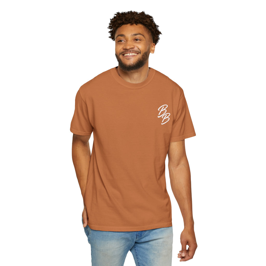 Brown T-shirt with white script logo on left chest, worn by model