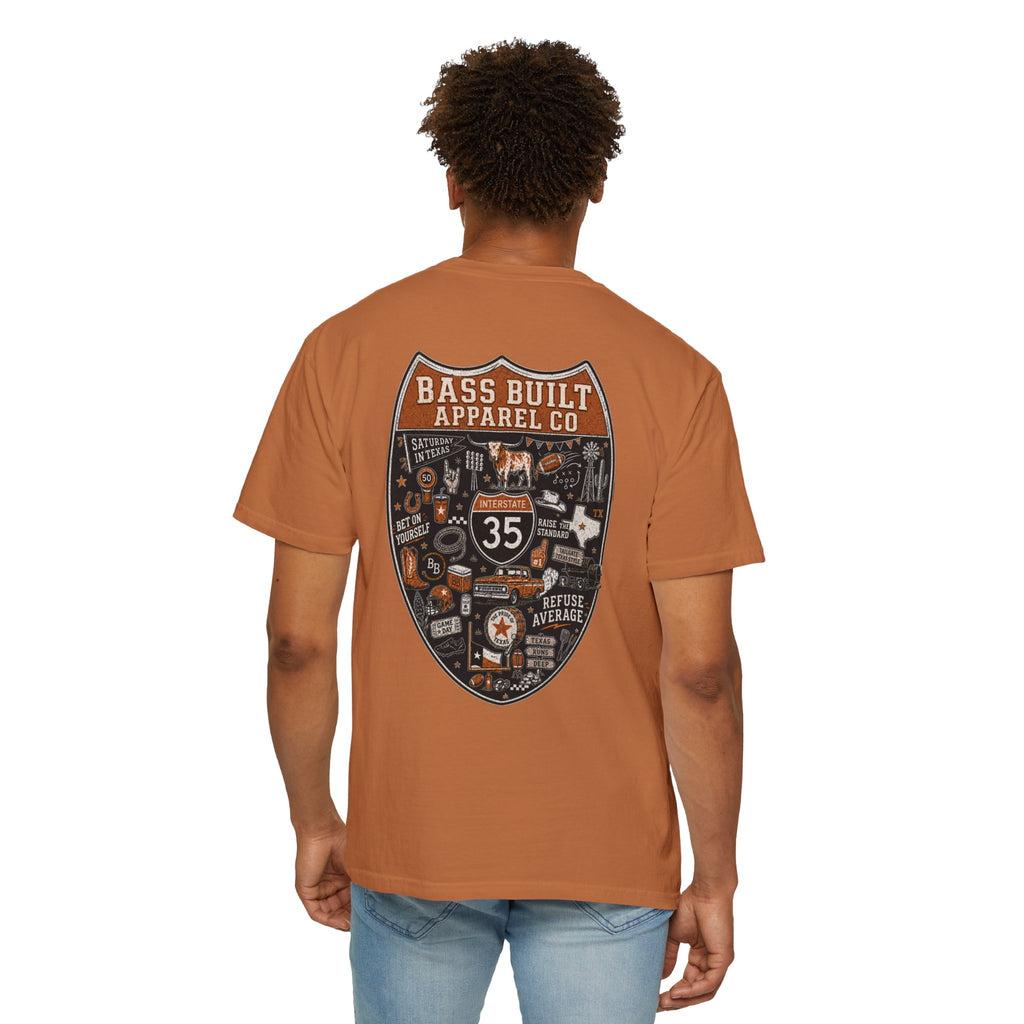 Rust brown crew neck T-shirt with large shield graphic on back, worn by model
