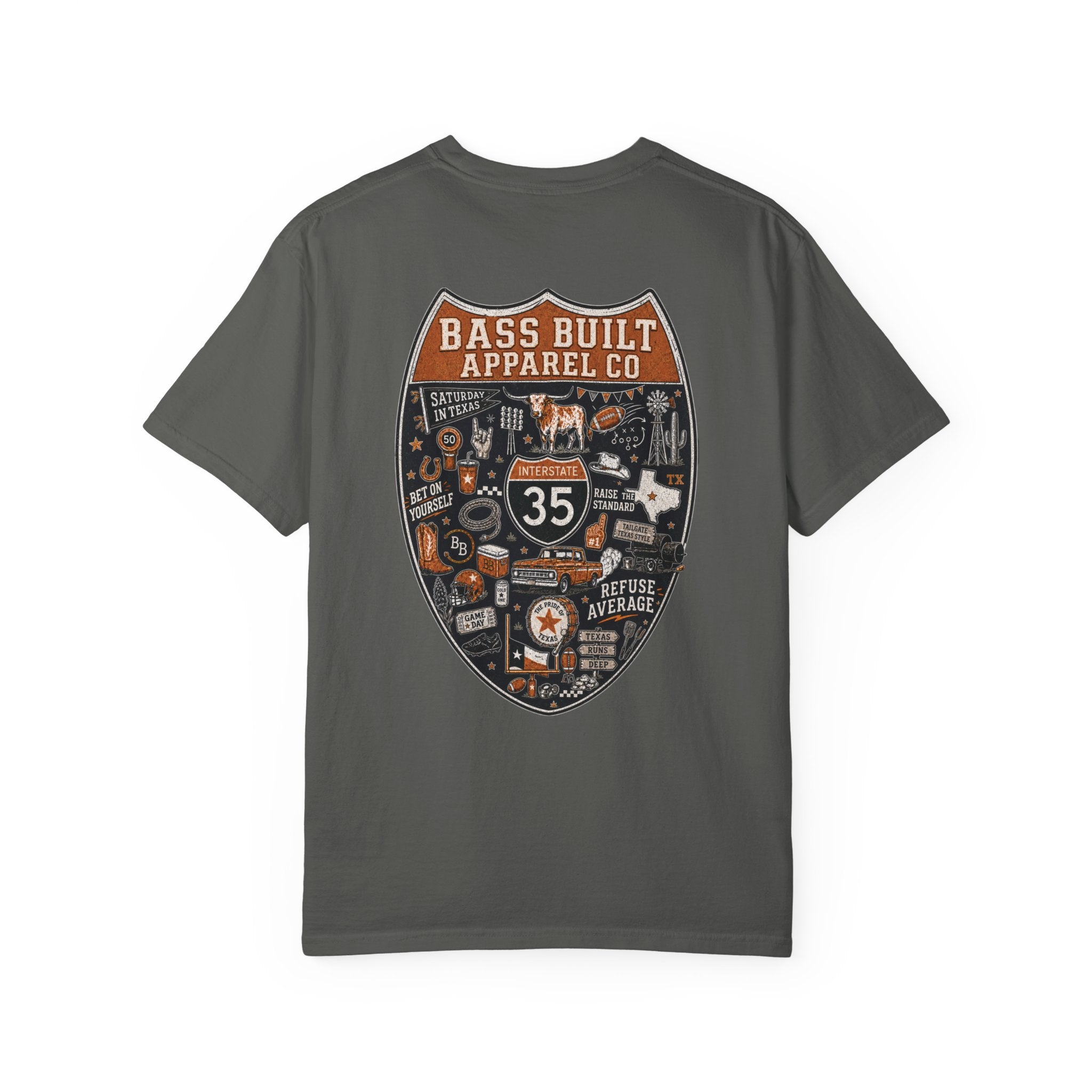 Charcoal gray crew neck T-shirt with large back shield graphic print