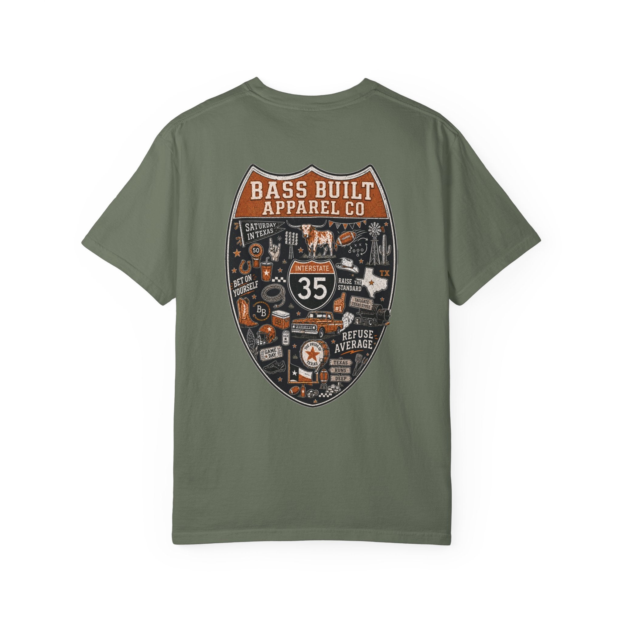 Green crew neck T-shirt with large back shield graphic print