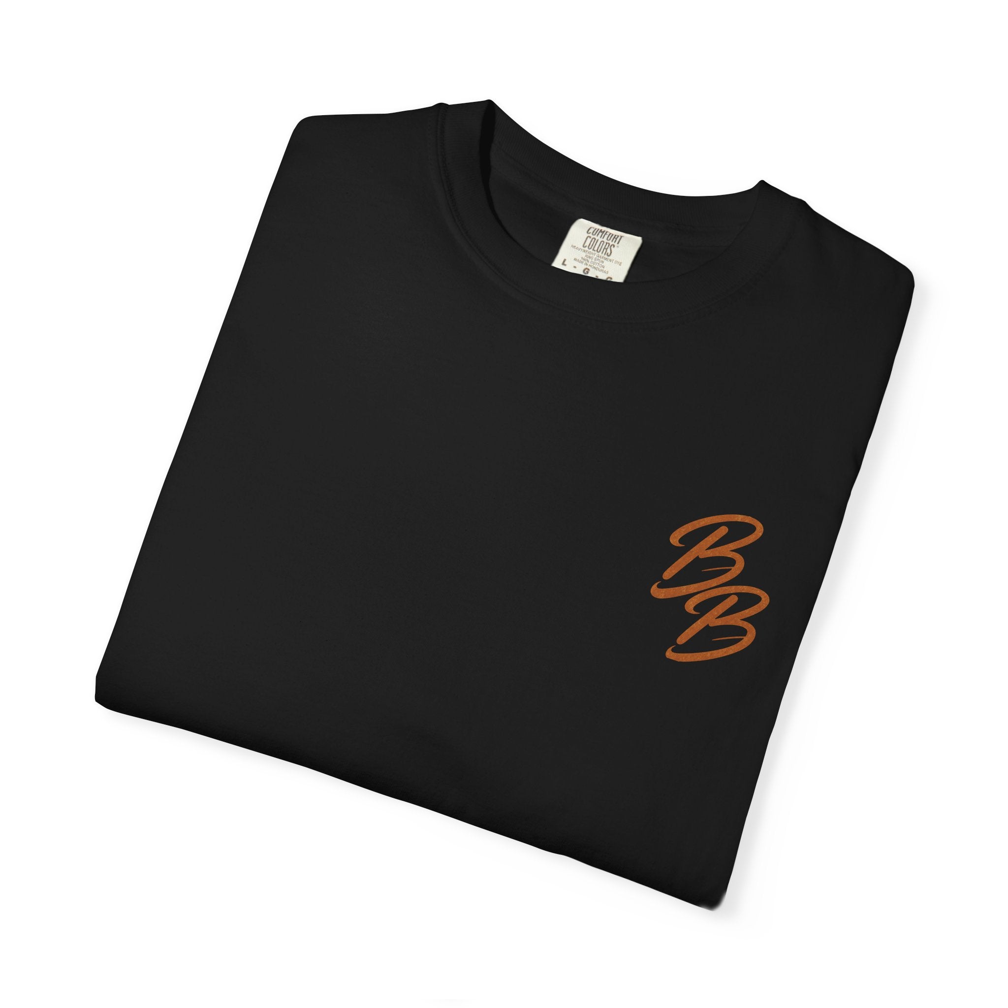 Black T-shirt with orange script logo on left chest, folded