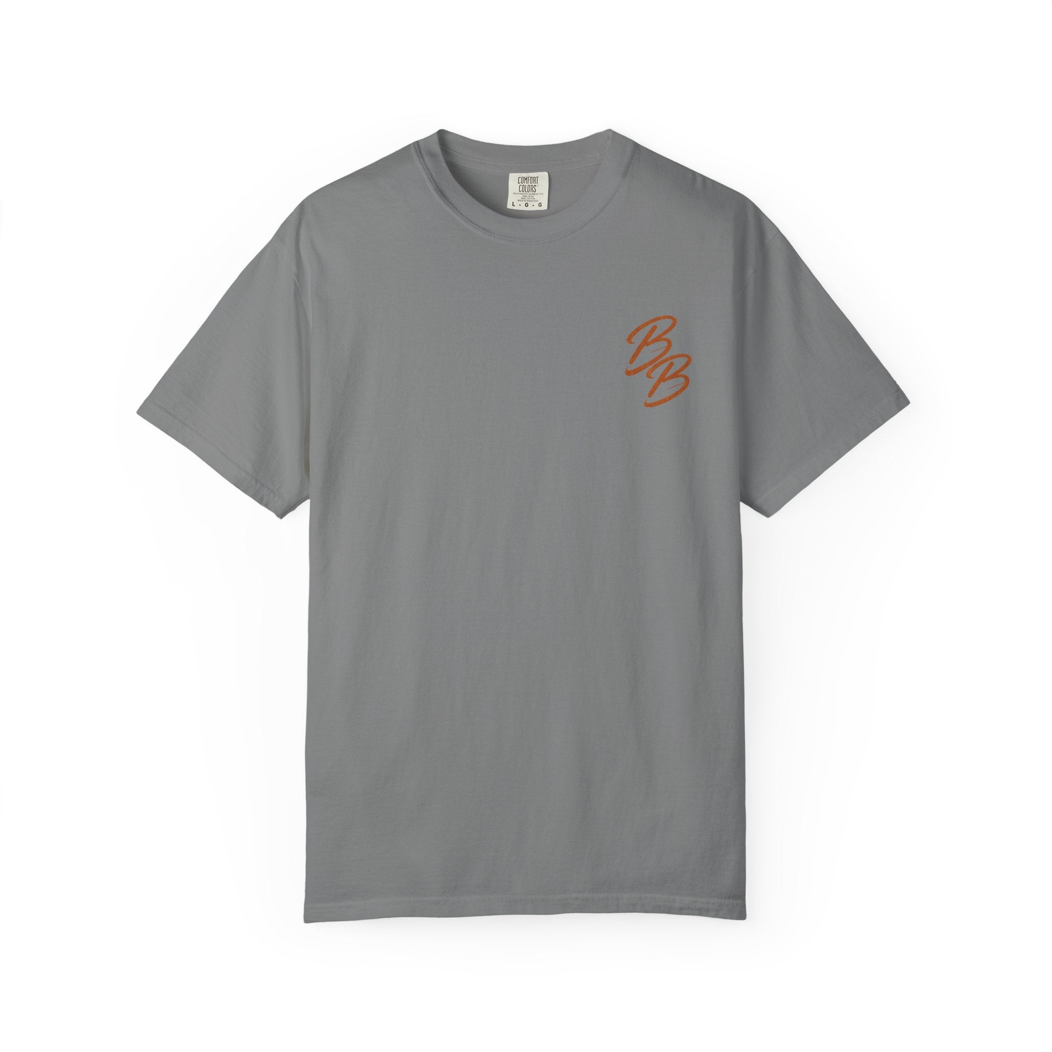 Gray T-shirt with orange-and-white script logo on left chest