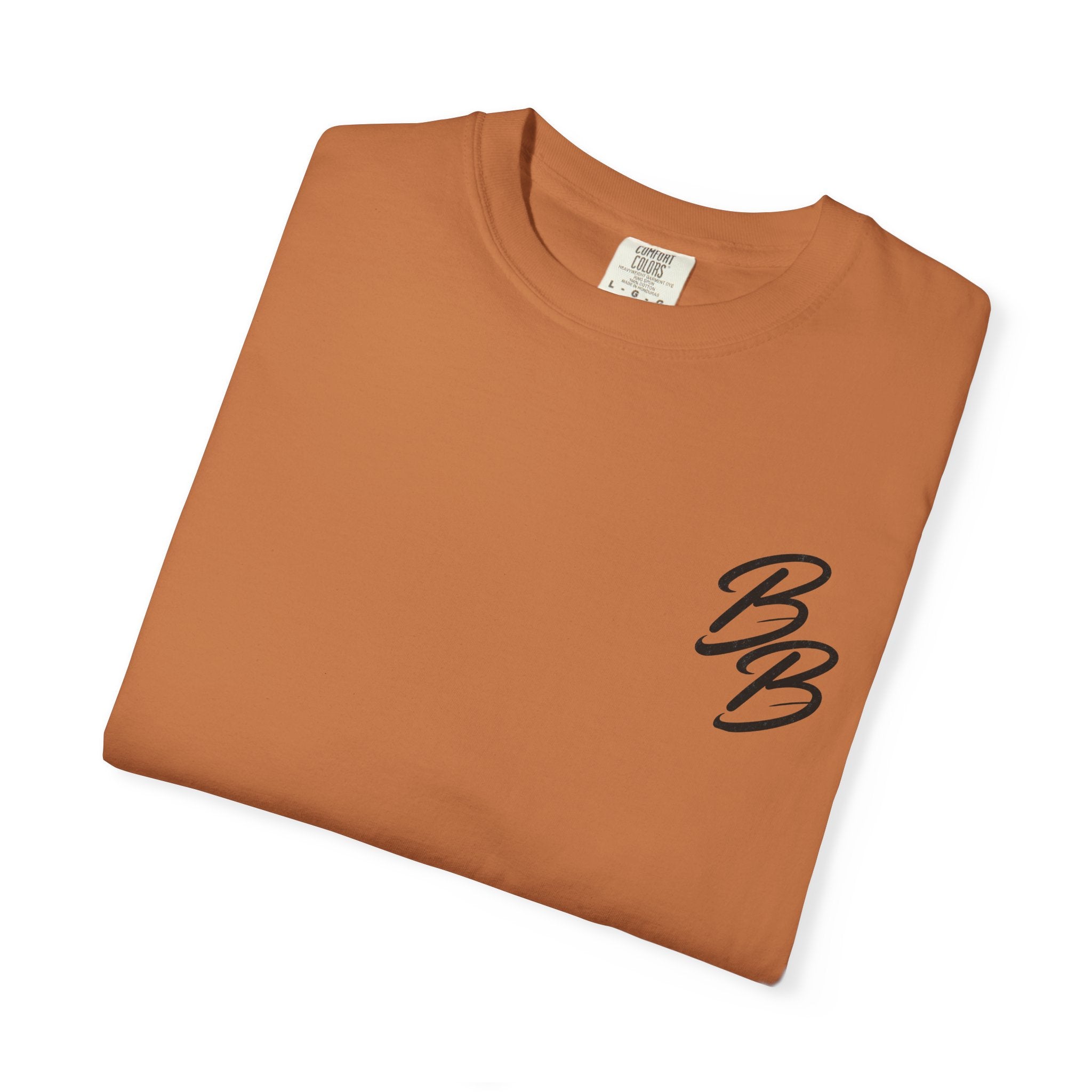 Rust brown crew neck T-shirt with small orange B logo on left chest (folded view)