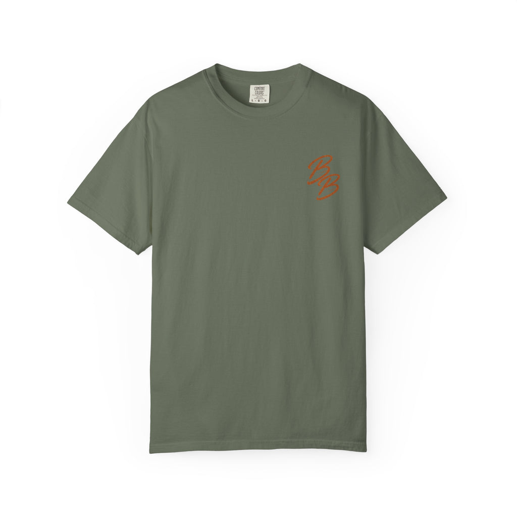 Olive green T-shirt with orange-and-white script logo on left chest