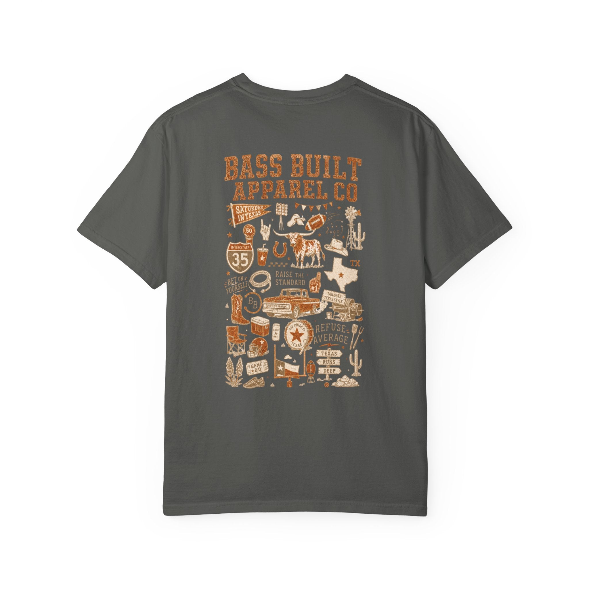 Dark gray T-shirt with large multicolor illustrated back graphic print