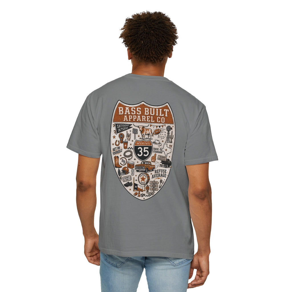 Gray crew neck T-shirt with large shield graphic on back, worn by model