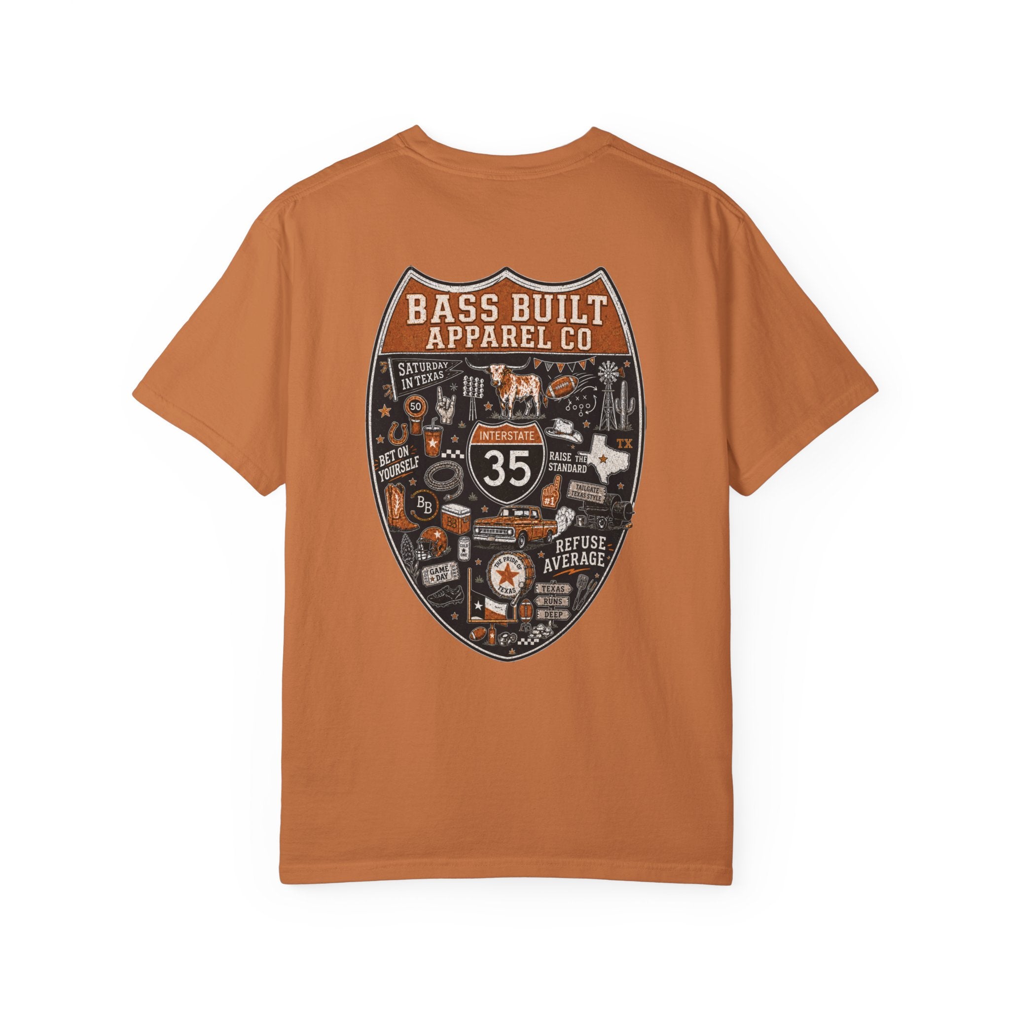 Rust brown crew neck T-shirt with large back shield graphic print