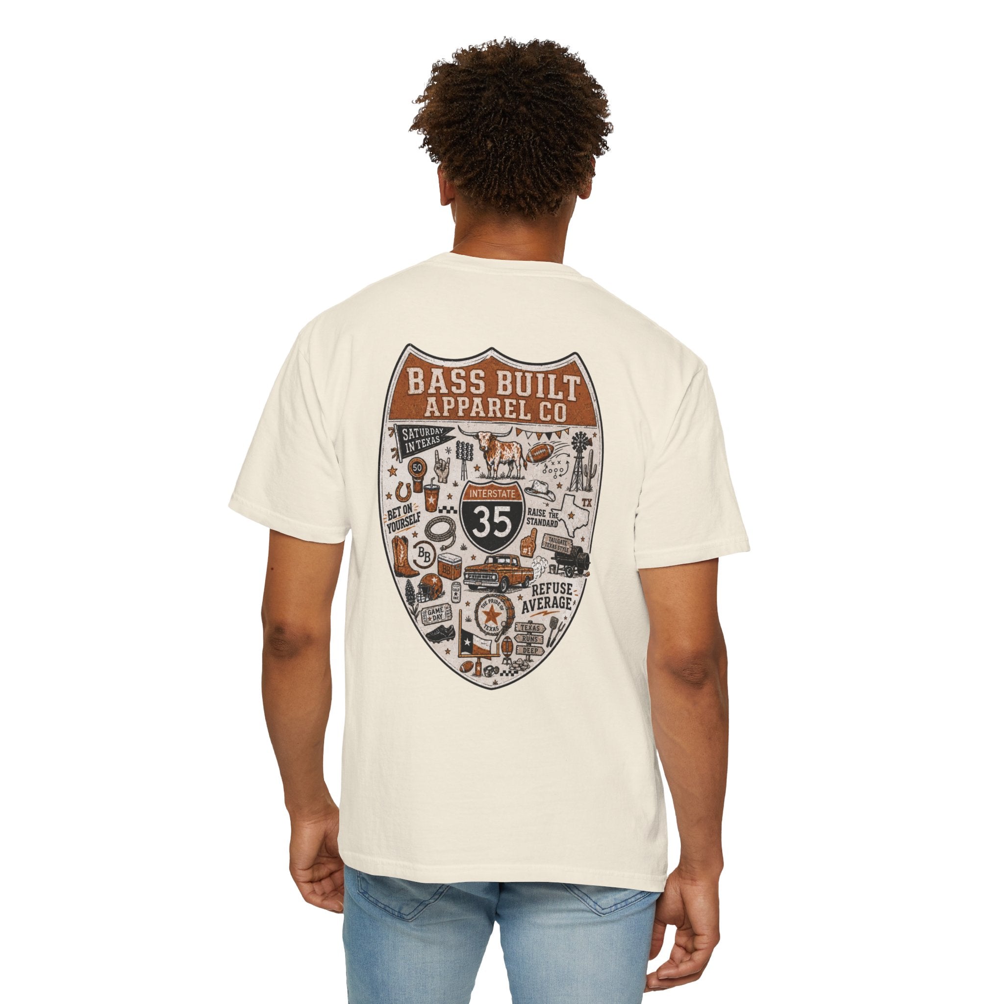 Cream crew neck T-shirt with large shield graphic on back, worn by model