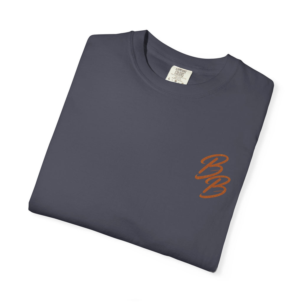 Navy gray crew neck T-shirt with small orange B logo on left chest (folded view)