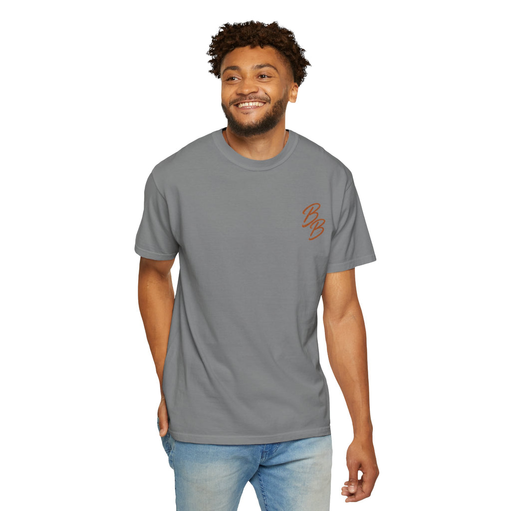 Gray crew neck T-shirt with small orange B logo on left chest, worn by model