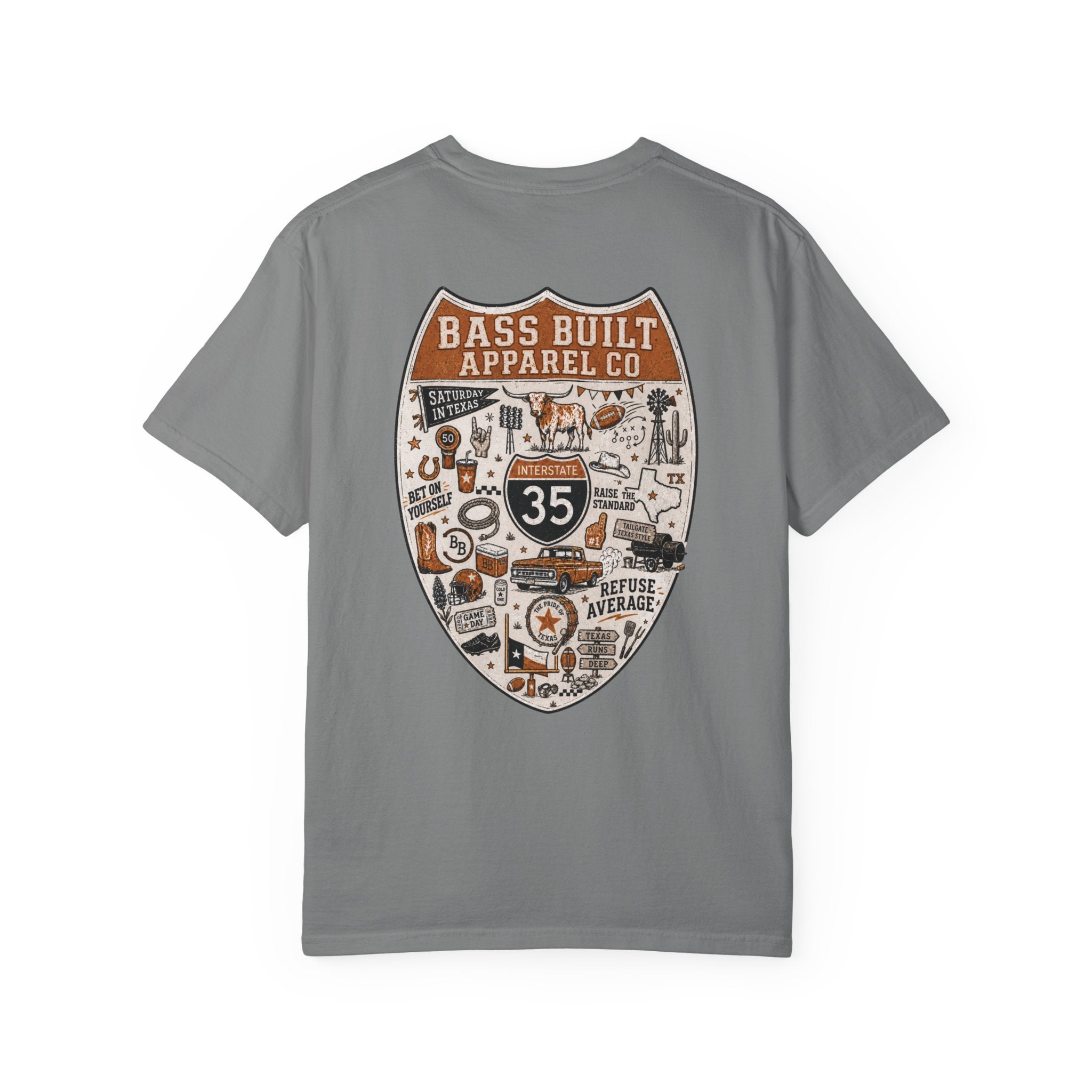 Gray crew neck T-shirt with large back shield graphic print