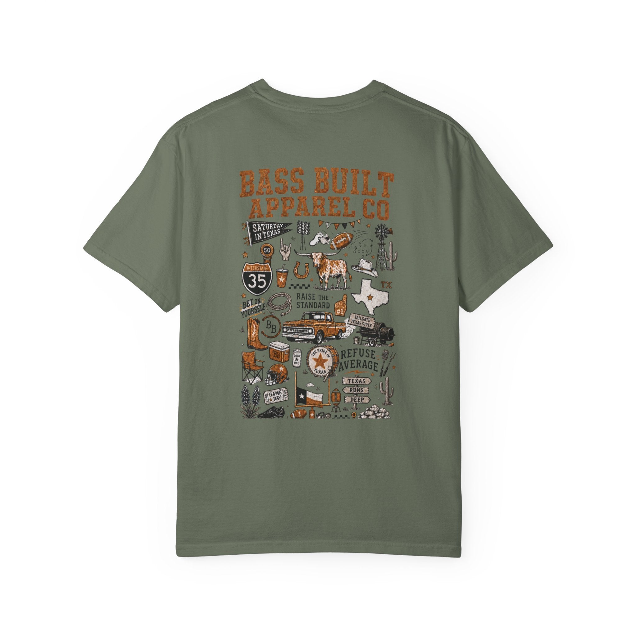 Green T-shirt with large multicolor illustrated back graphic print