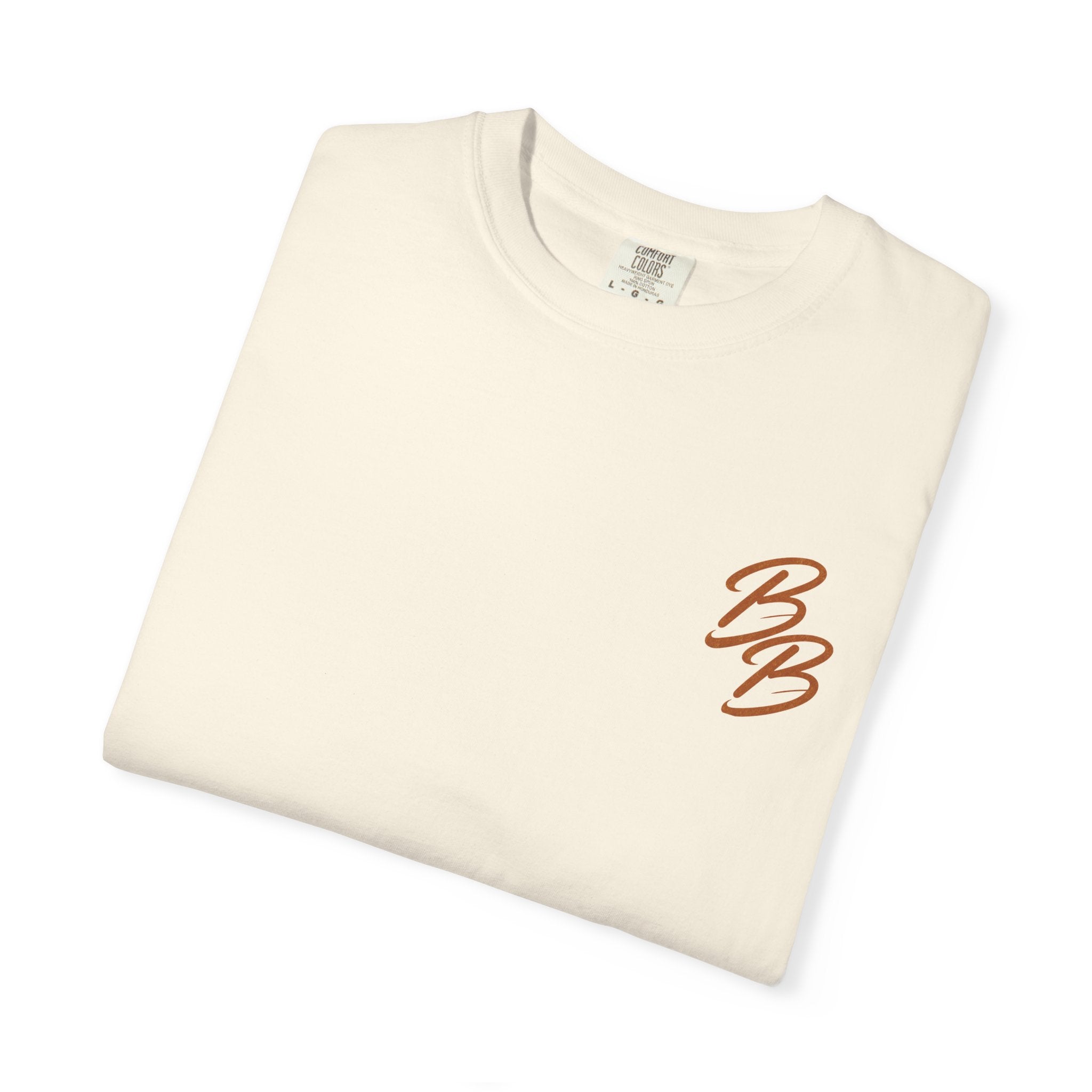 Cream crew neck T-shirt with small orange B logo on left chest (folded view)