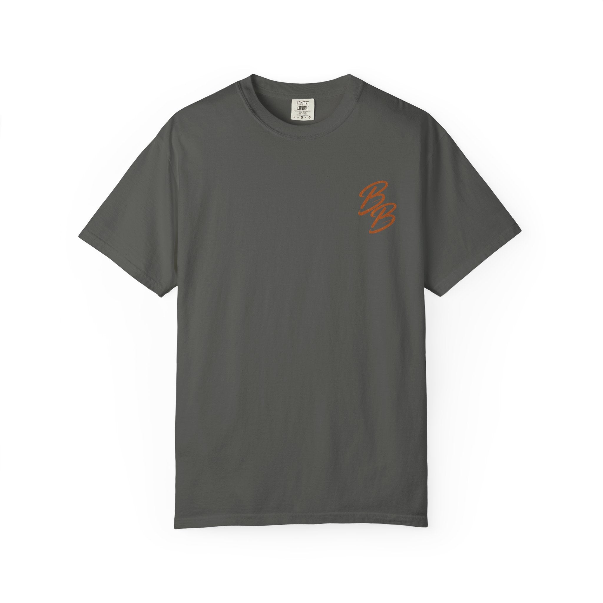 Charcoal gray crew neck T-shirt with small orange B logo on left chest
