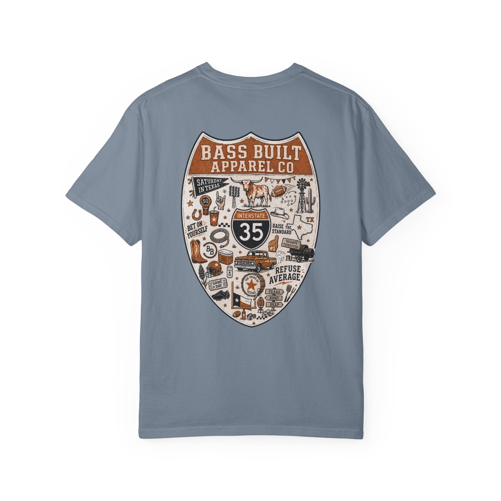 Light blue crew neck T-shirt with large back shield graphic print