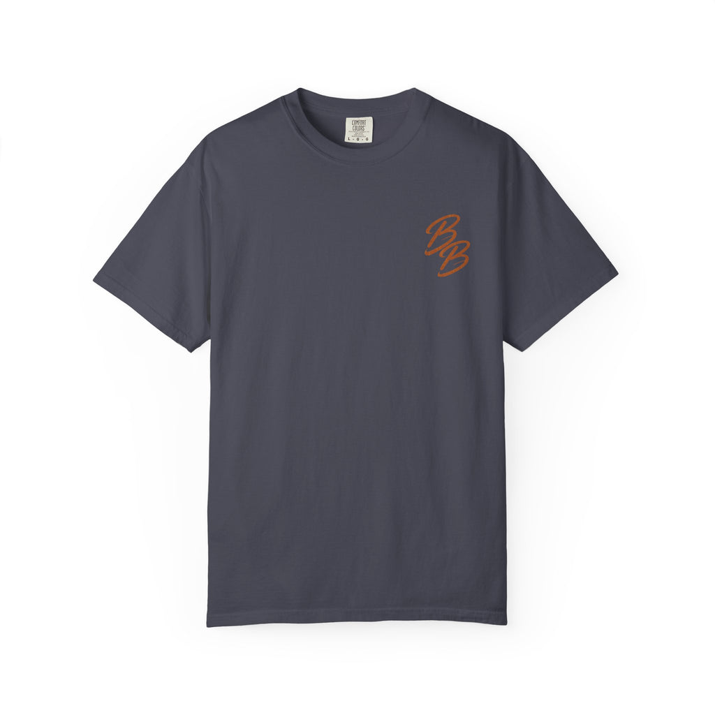 Slate blue crew neck T-shirt with small orange B logo on left chest
