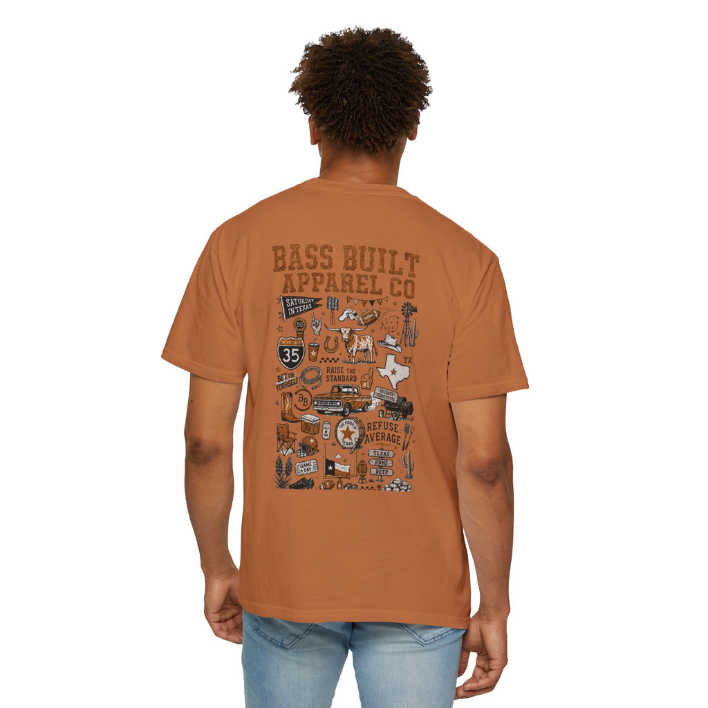 Brown T-shirt with large multicolor illustrated back graphic print, worn