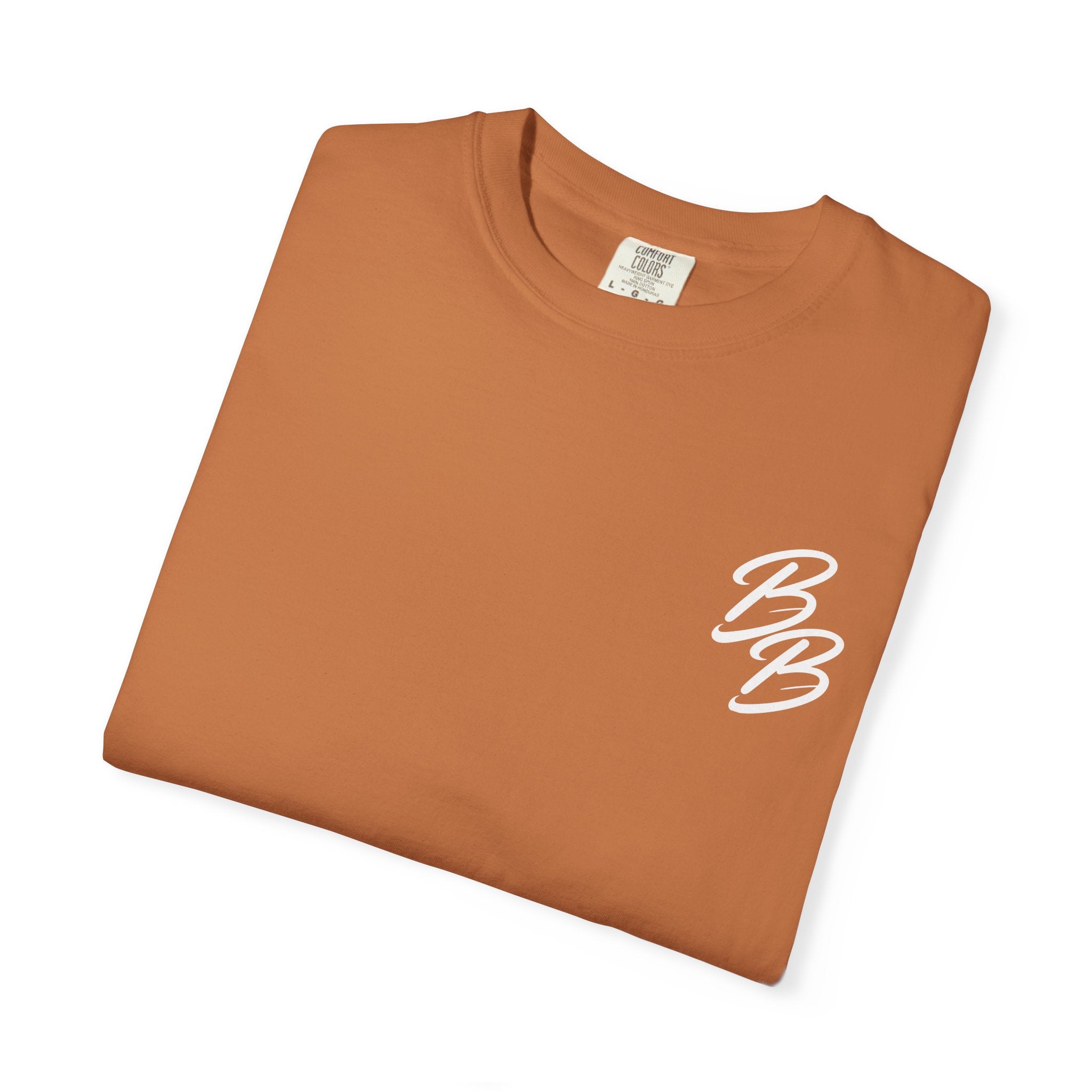 Brown T-shirt with white script logo on left chest, folded