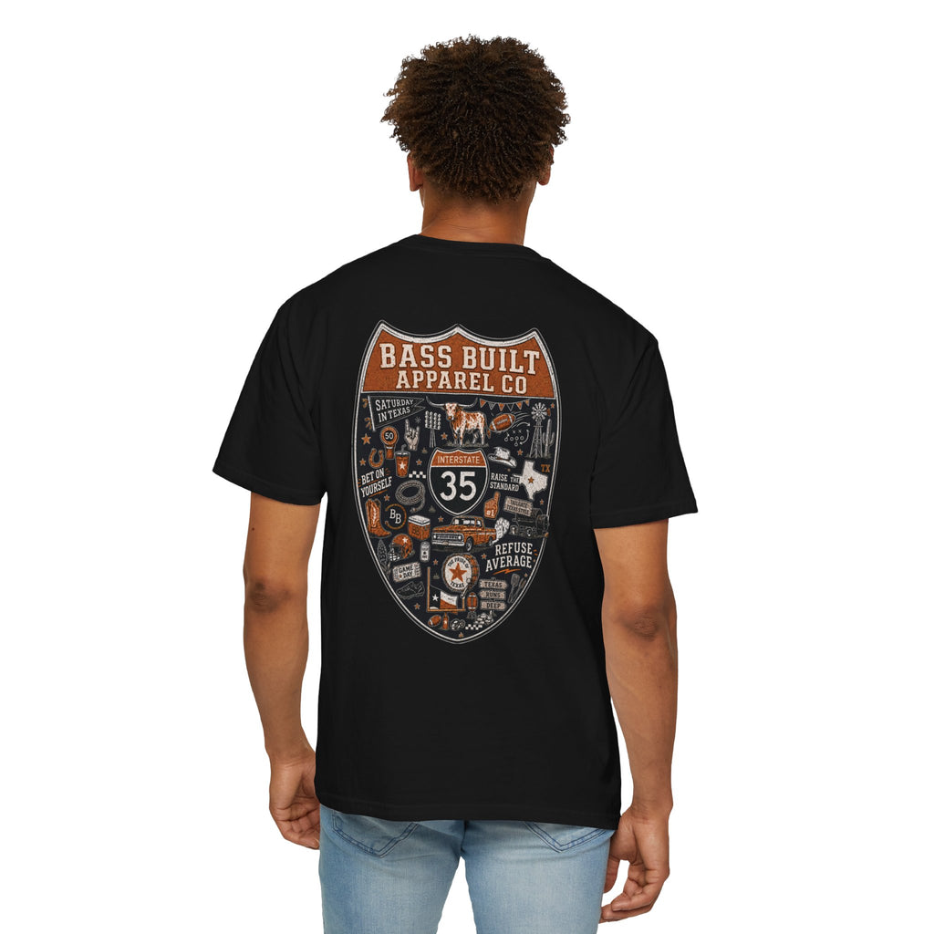 Black crew neck T-shirt with large shield graphic on back, worn by model
