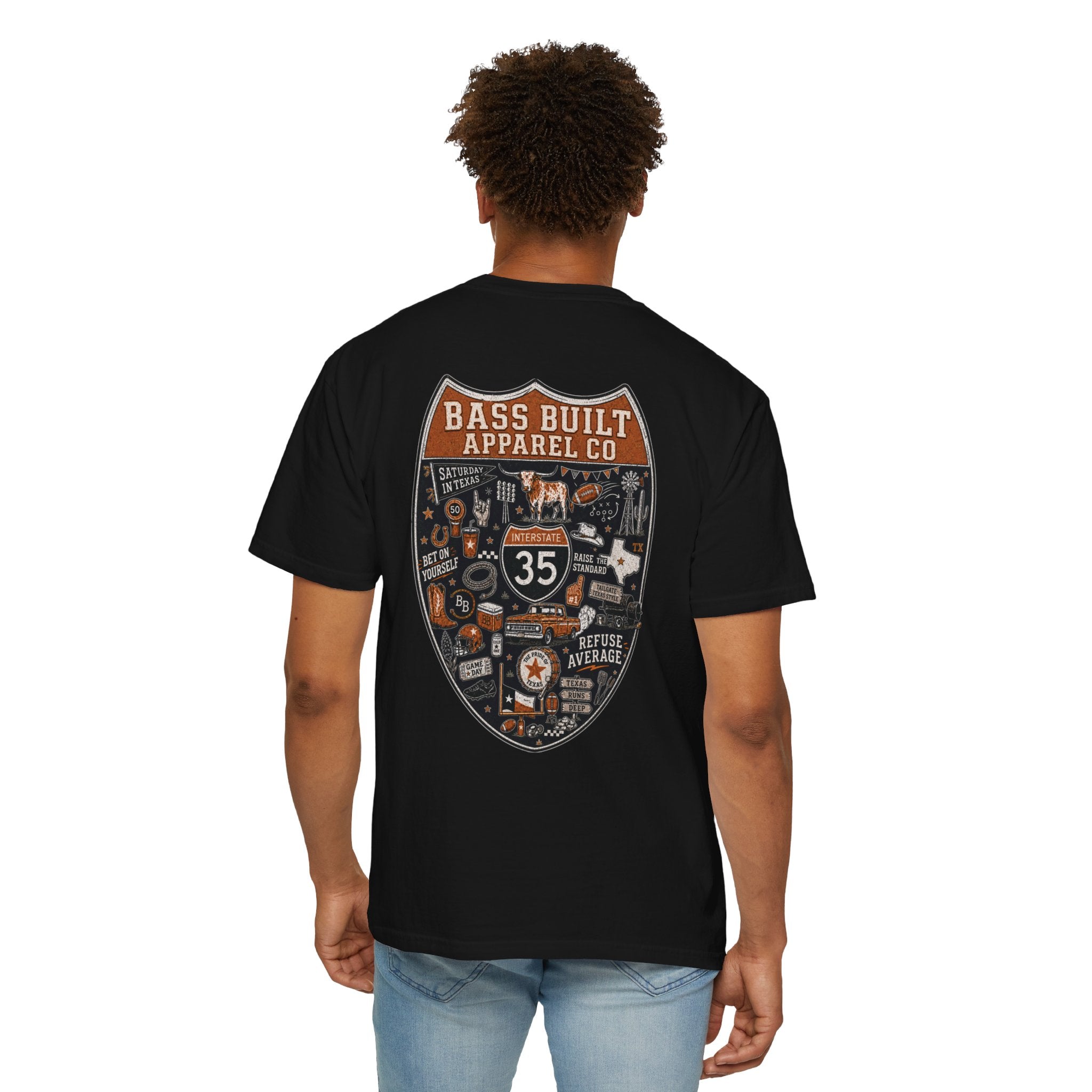Black crew neck T-shirt with large shield graphic on back, worn by model