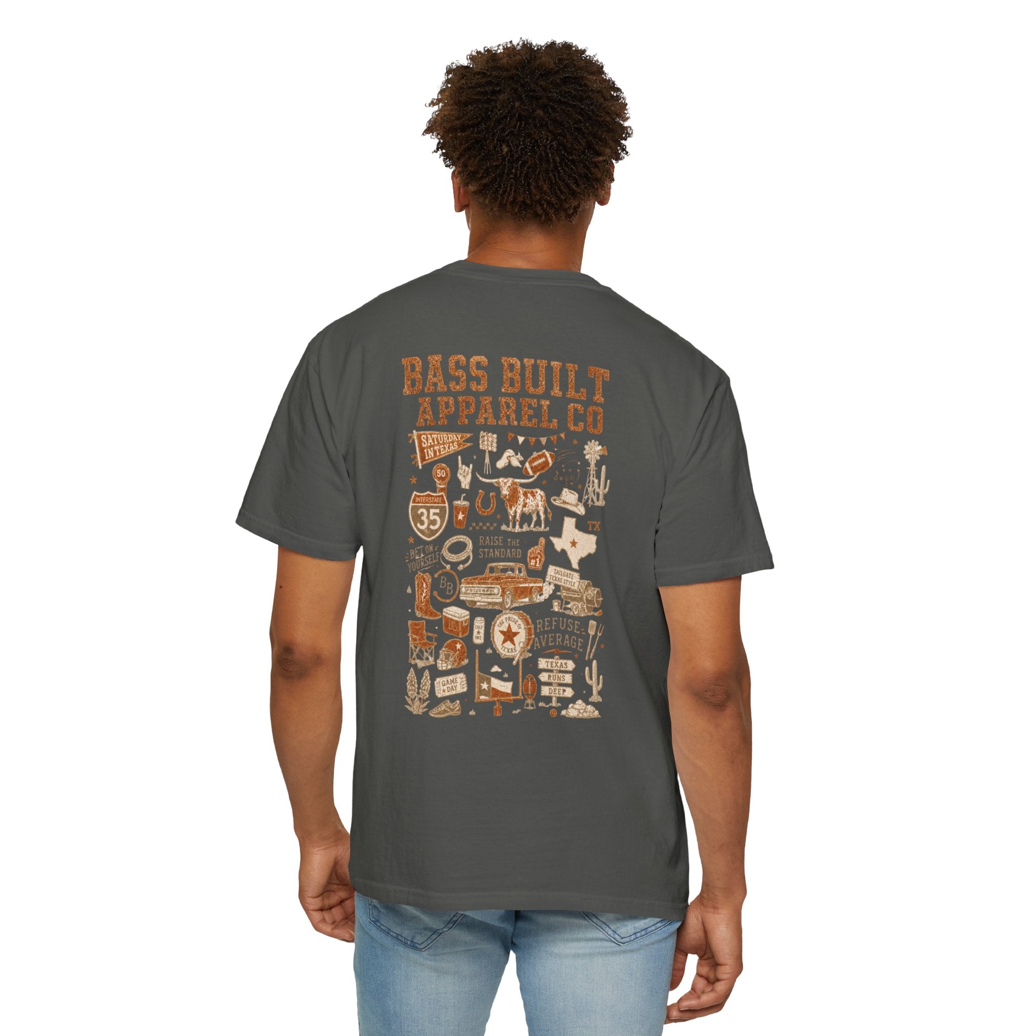Dark gray T-shirt with large multicolor illustrated back graphic print, worn