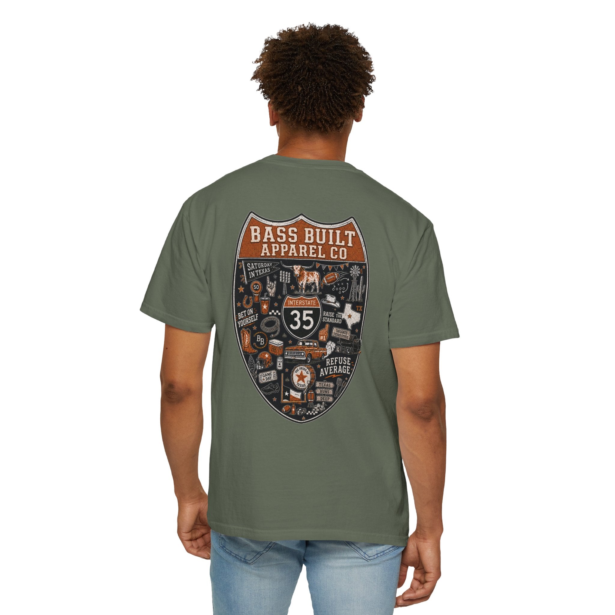 Green crew neck T-shirt with large shield graphic on back, worn by model