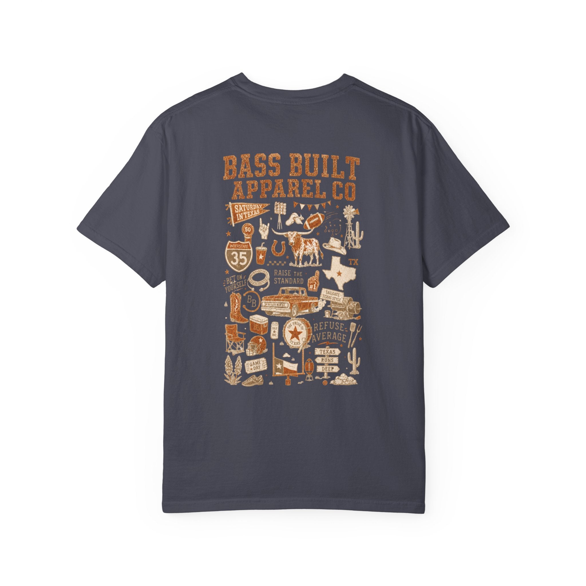 Charcoal blue T-shirt with large multicolor illustrated back graphic print