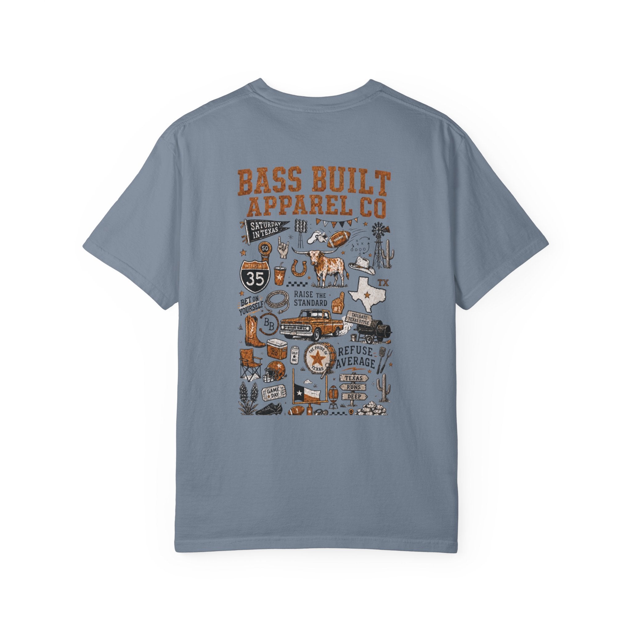 Dusty blue T-shirt with large multicolor illustrated back graphic print
