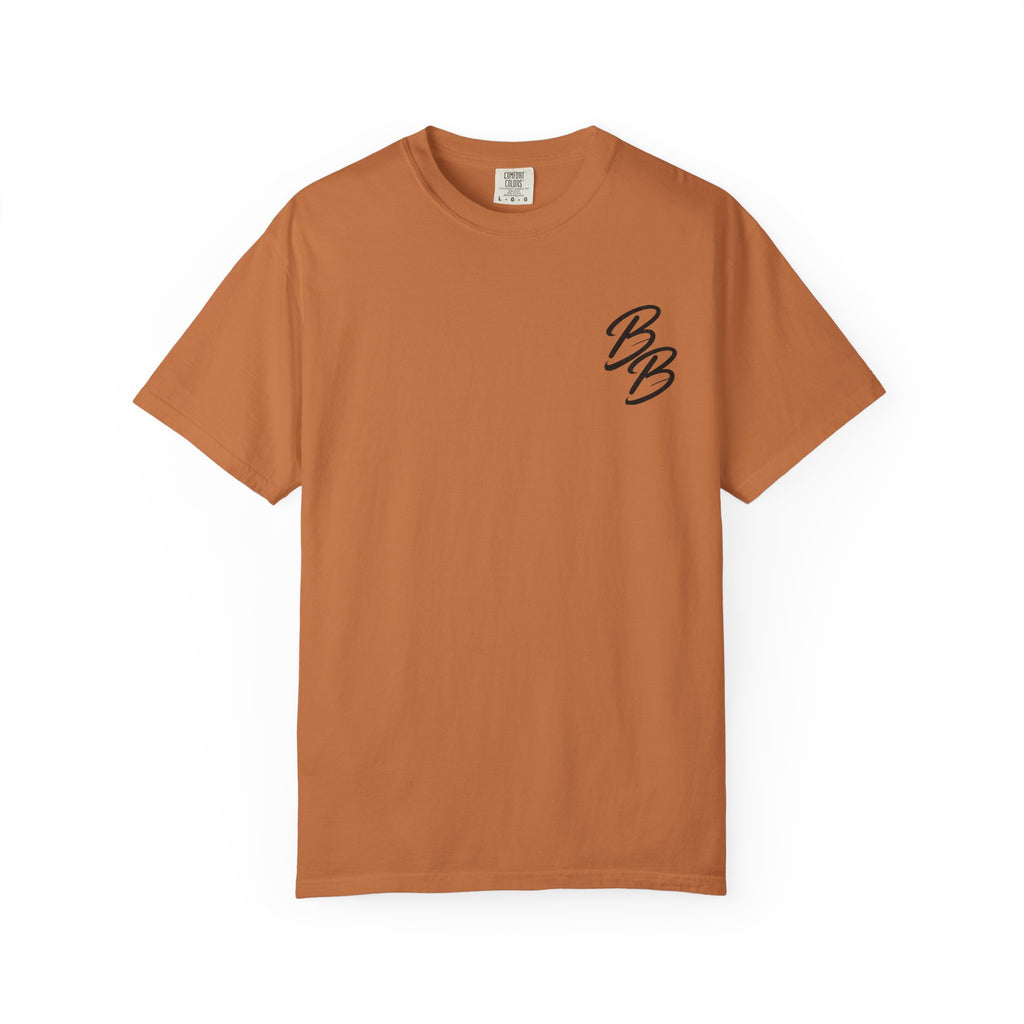 Rust brown crew neck T-shirt with small orange B logo on left chest