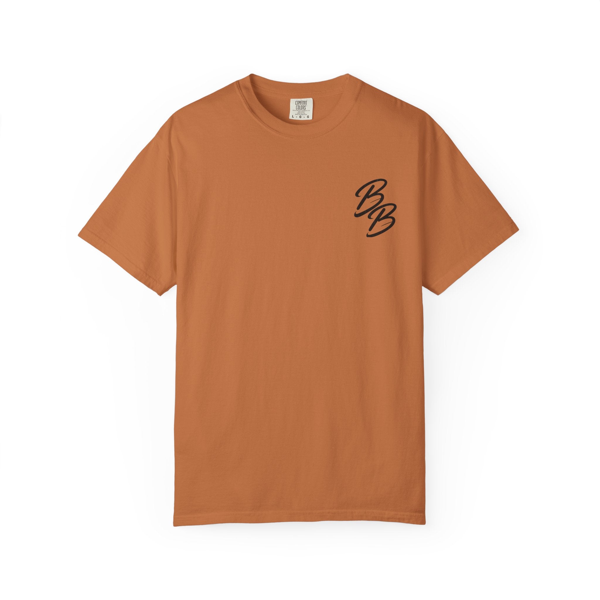 Rust brown crew neck T-shirt with small orange B logo on left chest