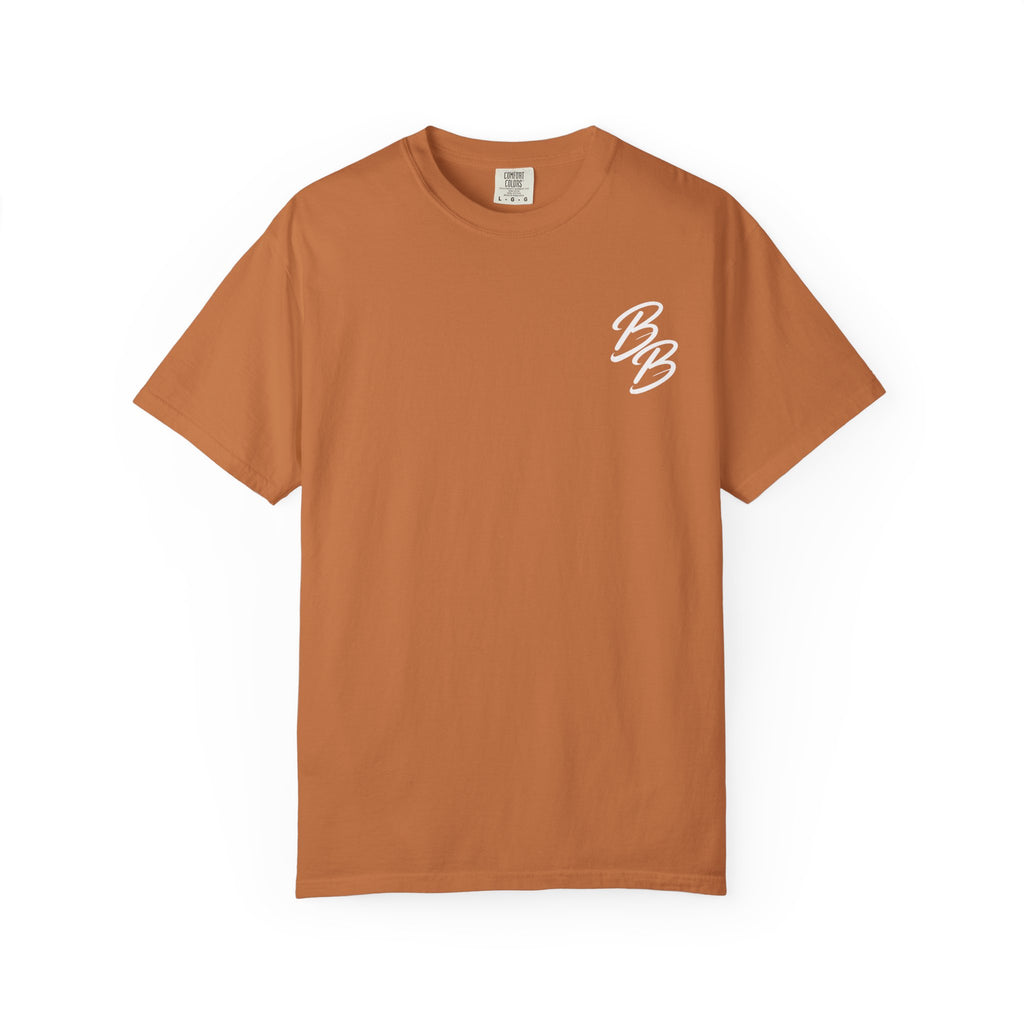 Brown T-shirt with white script logo on left chest