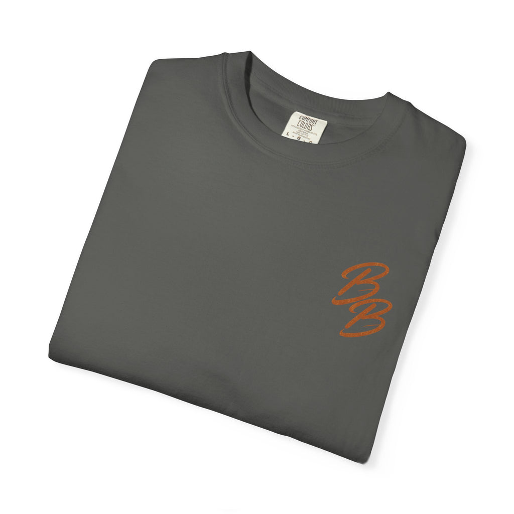 Charcoal gray crew neck T-shirt with small orange B logo on left chest (folded view)