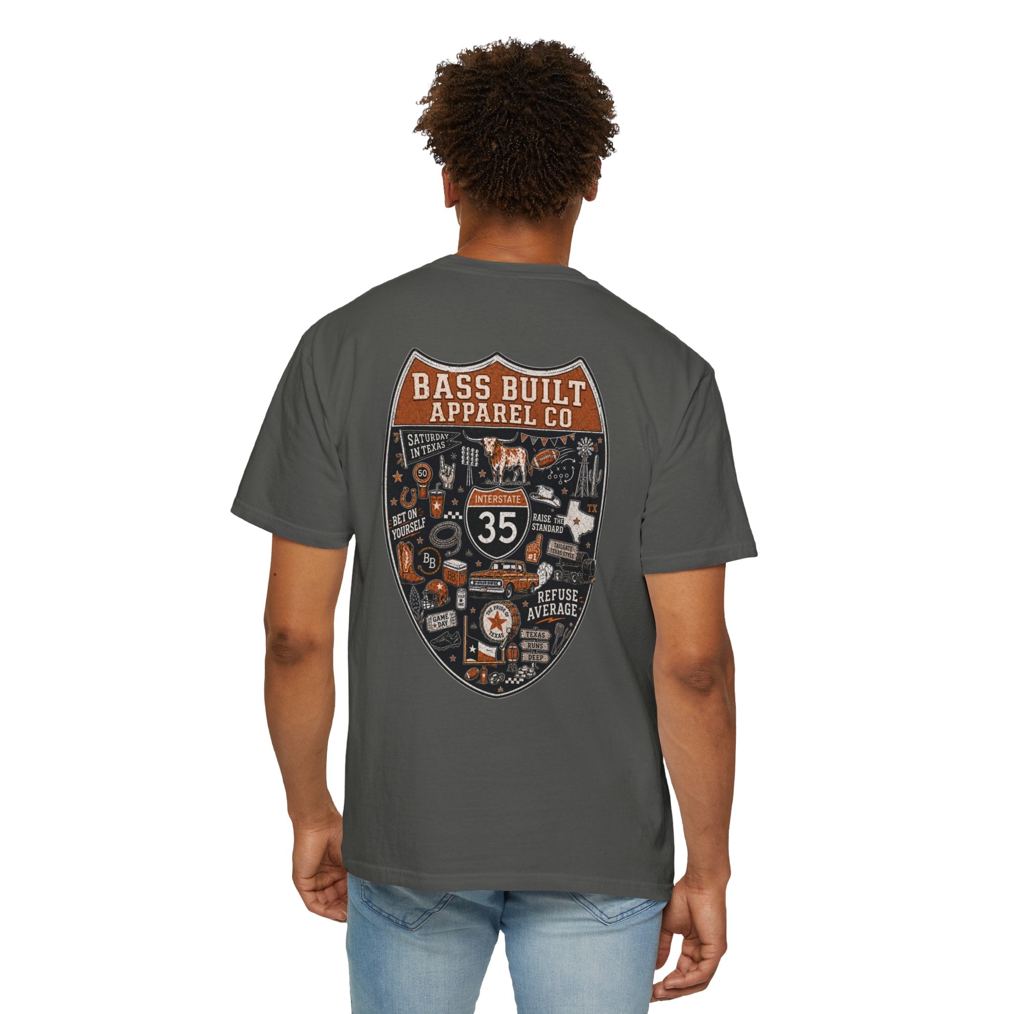 Charcoal gray crew neck T-shirt with large shield graphic on back, worn by model