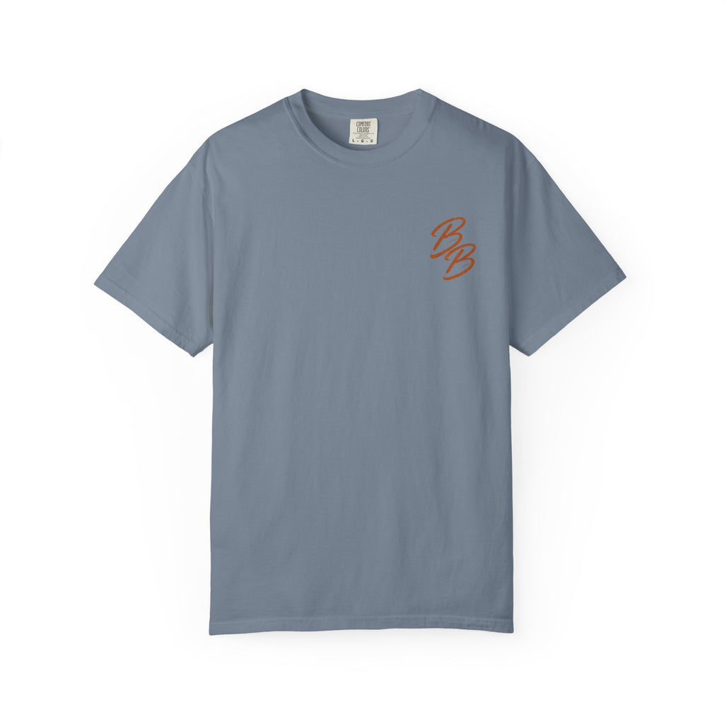 Slate blue T-shirt with orange-and-white script logo on left chest