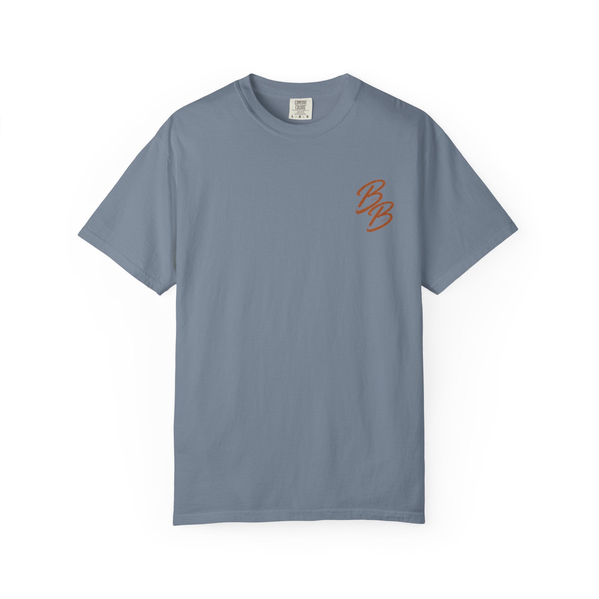 Slate blue T-shirt with orange-and-white script logo on left chest
