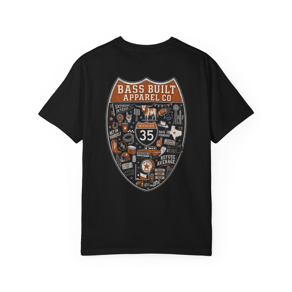 Black crew neck T-shirt with large back shield graphic print