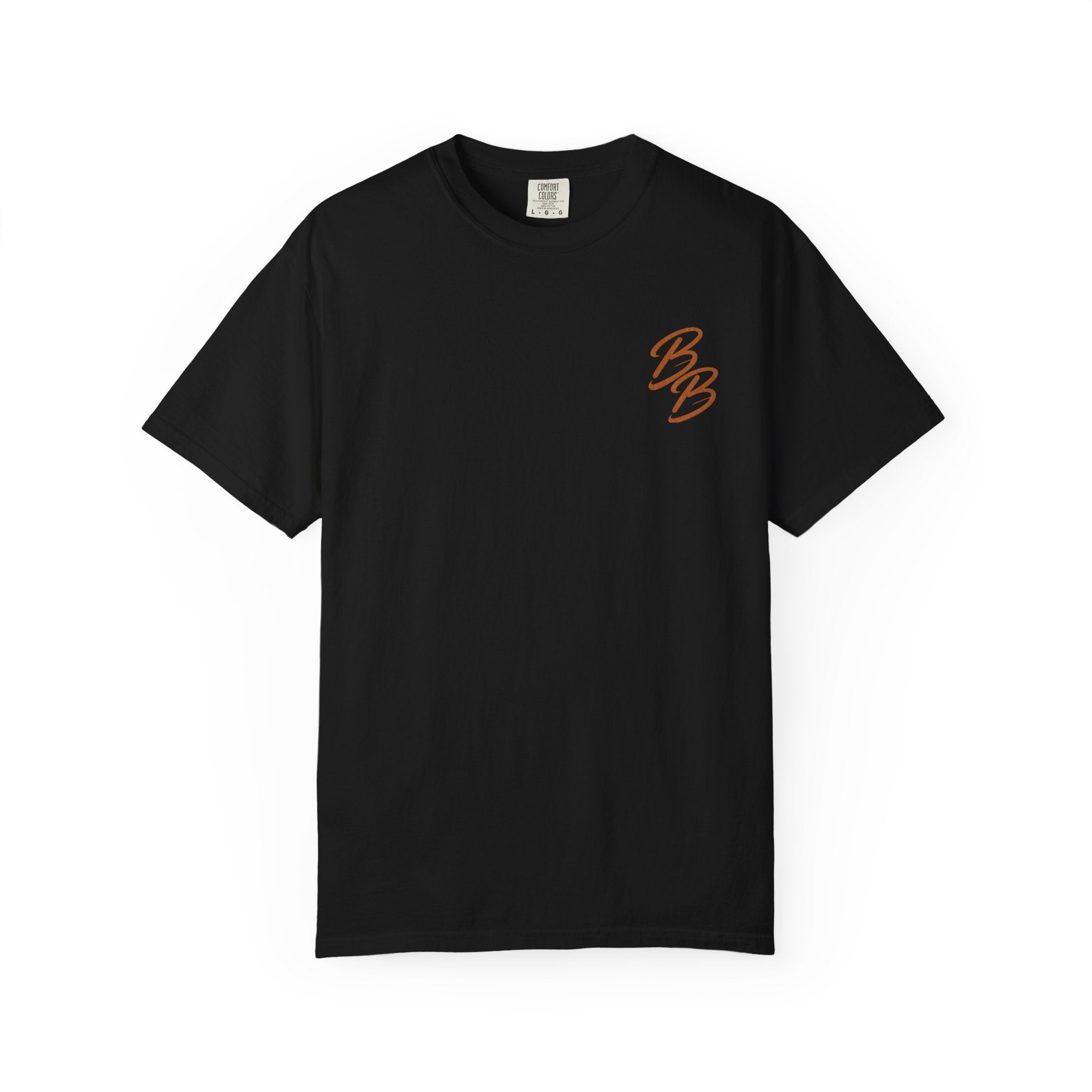 Black crew neck T-shirt with small orange B logo on left chest