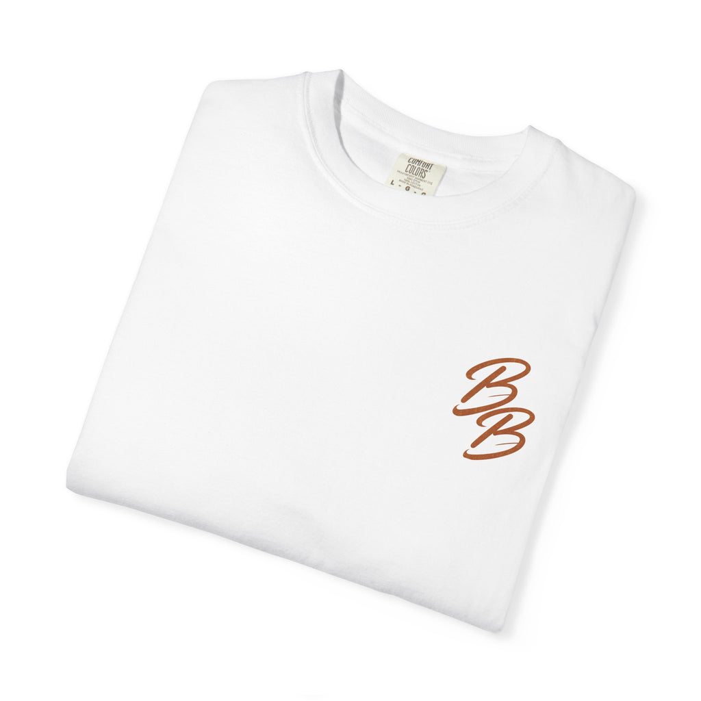 White crew neck T-shirt with small orange B logo on left chest (angled view)