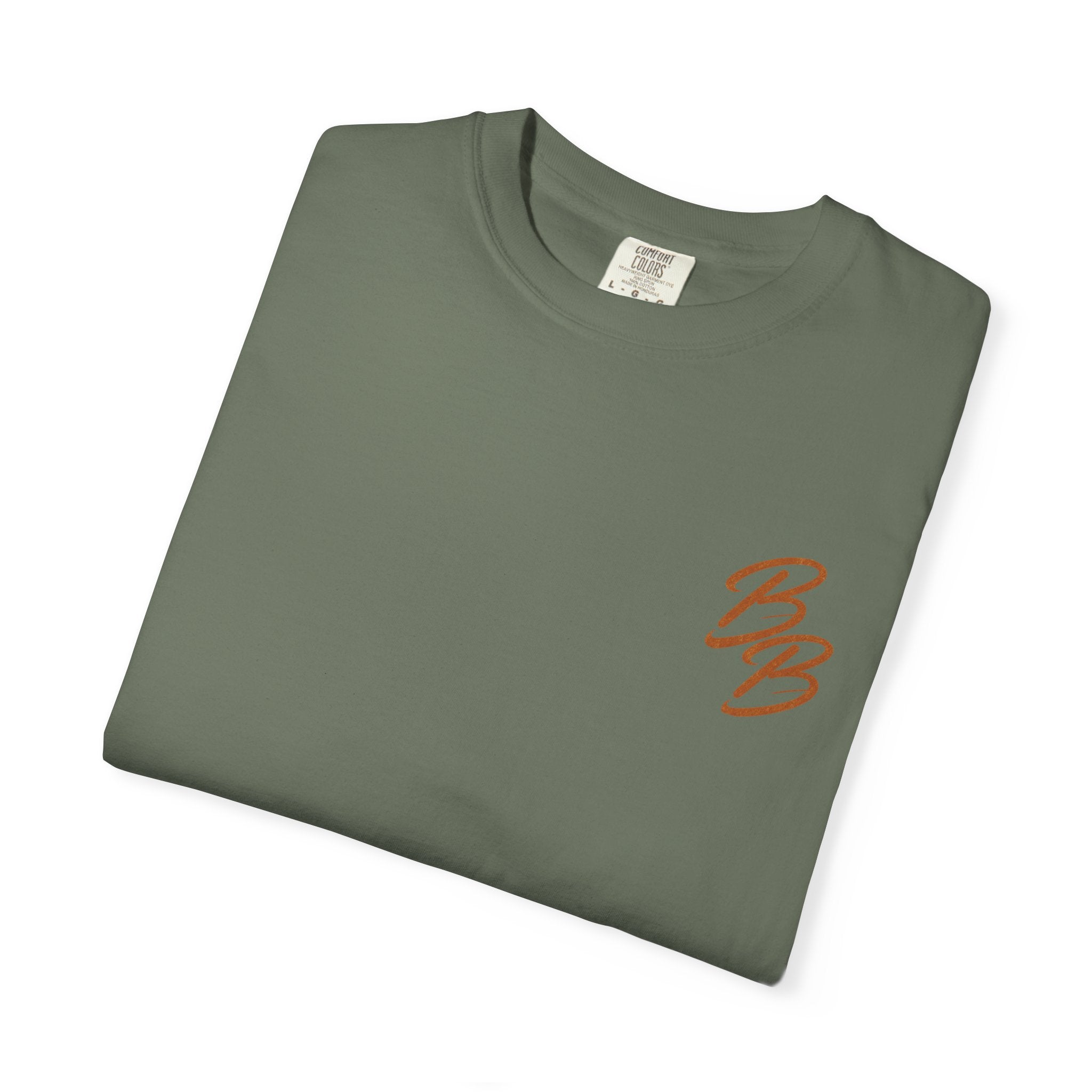 Green crew neck T-shirt with small orange B logo on left chest (folded view)