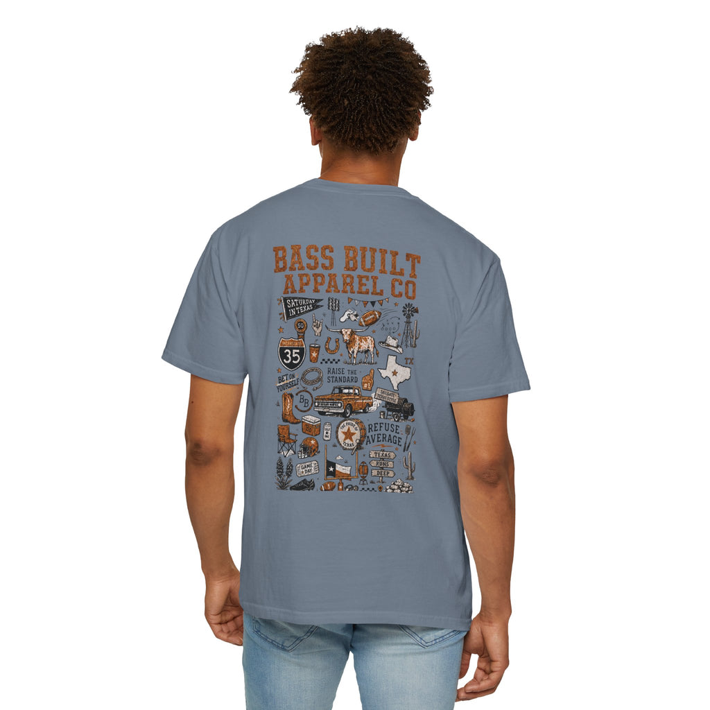 Dusty blue T-shirt with large multicolor illustrated back graphic print, worn