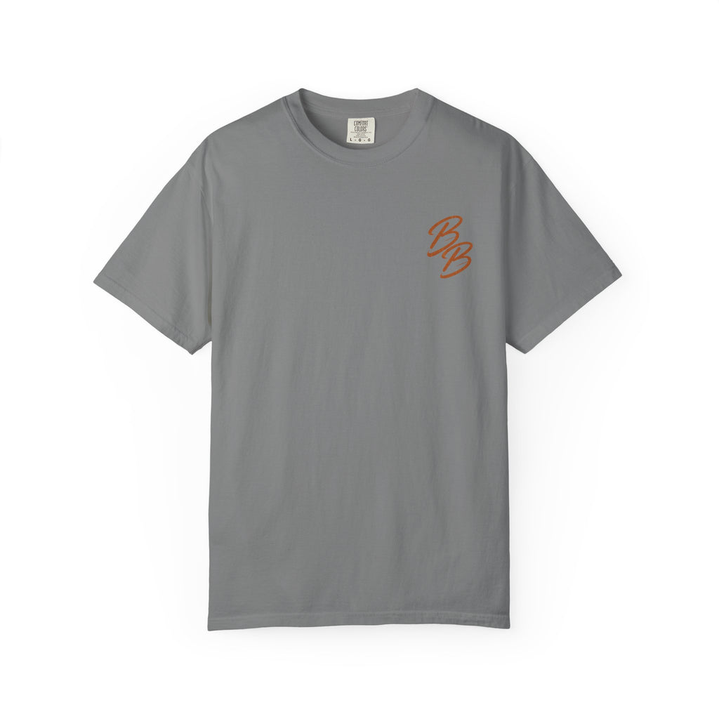 Light gray crew neck T-shirt with small orange B logo on left chest