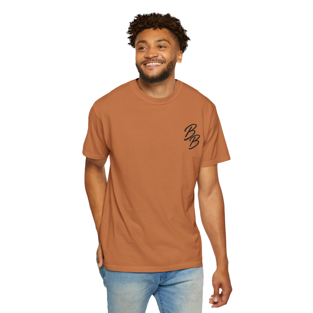 Rust brown crew neck T-shirt with small orange B logo on left chest, worn by model
