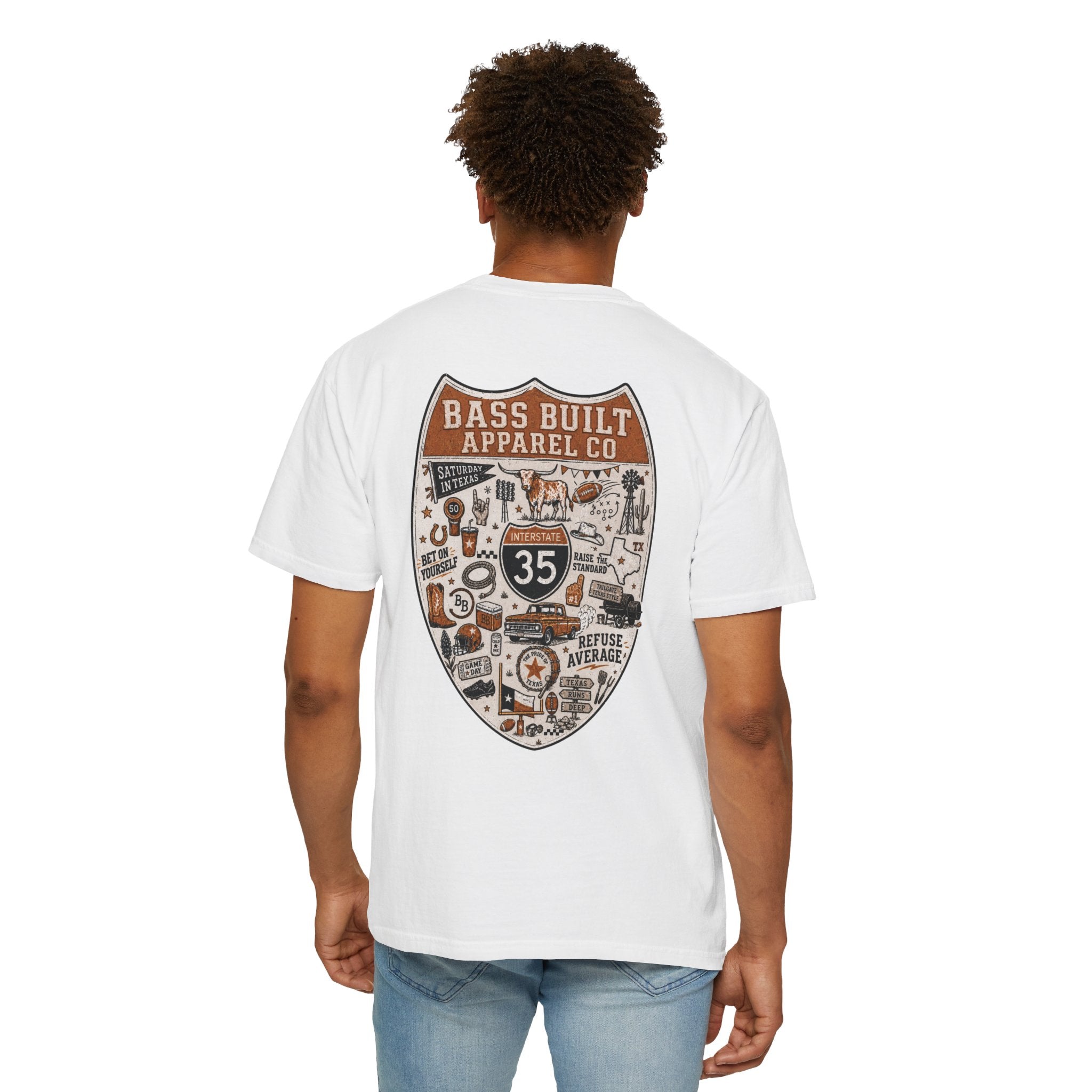 White crew neck T-shirt with large shield graphic on back, worn by model