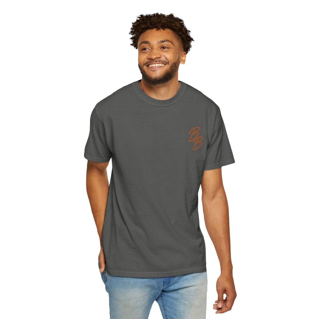 Dark gray T-shirt with orange script logo on left chest, worn by model